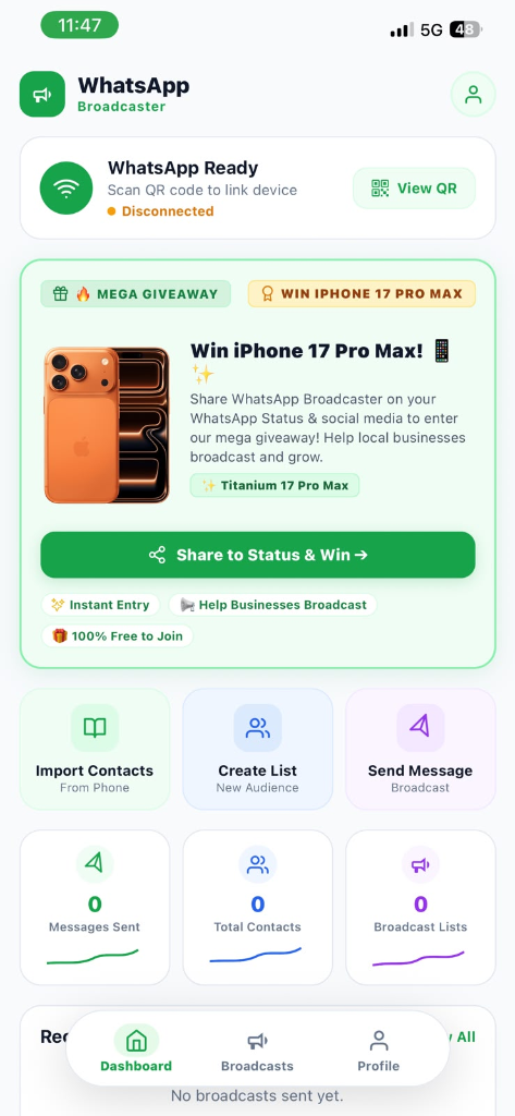 WhatsApp Broadcaster Mobile App Dashboard