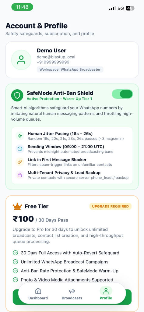 WhatsApp Broadcaster Mobile App SafeMode & Profile